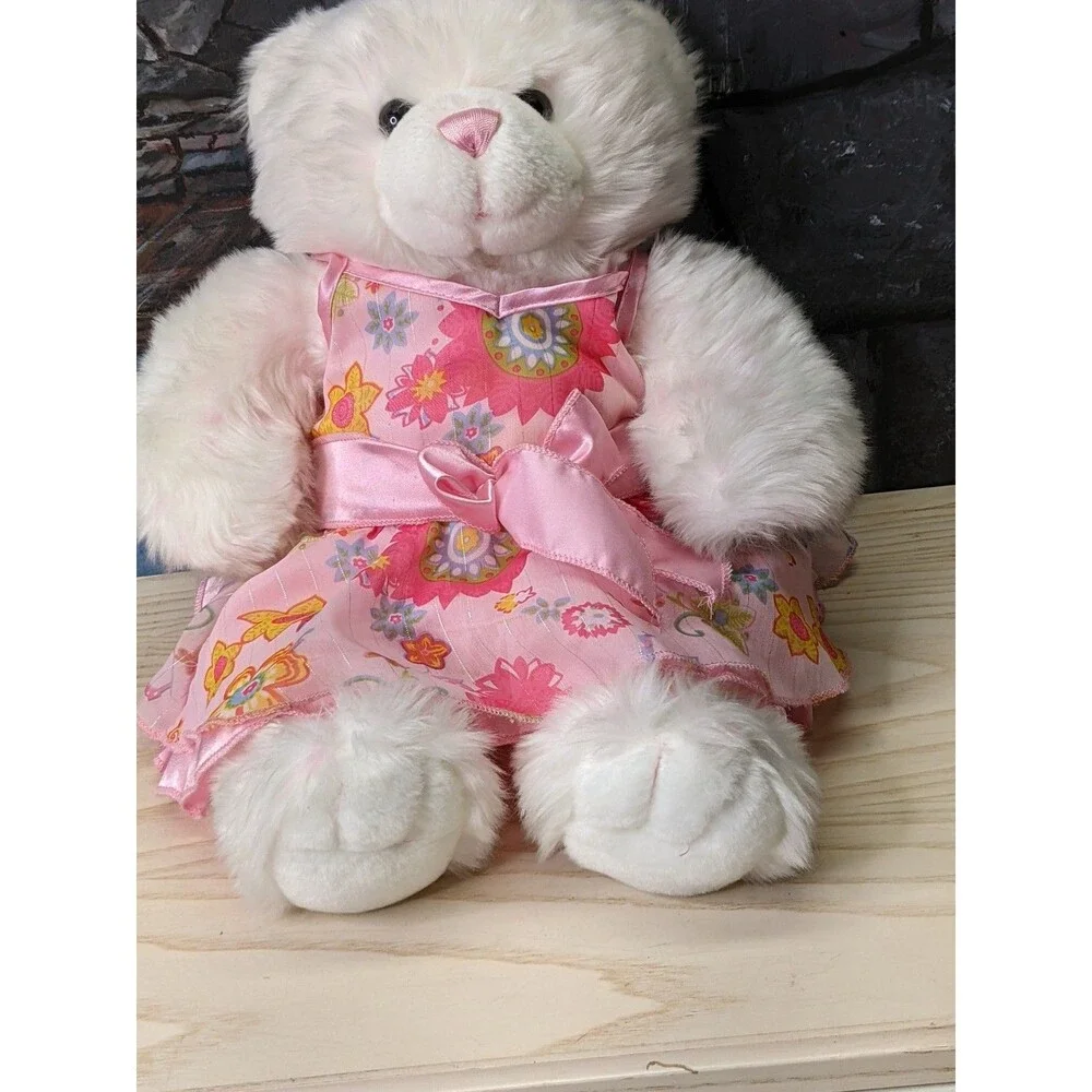 Vintage 1997 Build A Bear Plush White Teddy Bear Pink Nose Flower Dress Gift 15